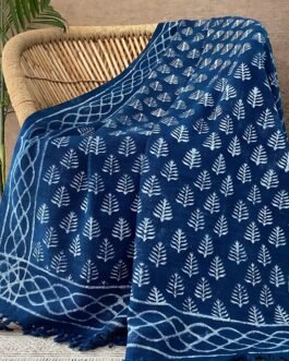 Hand Block Printed Blue Indigo Throw Blanket Farmhouse Décor