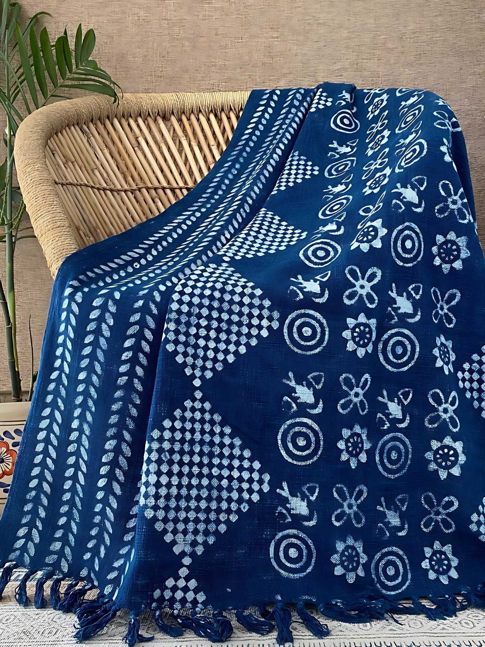 Bohemian Printed Blue Indigo Throw Blanket Farmhouse Décor