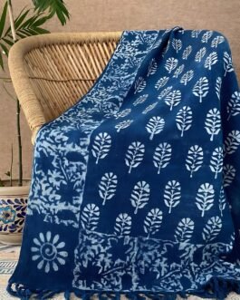 Hippie Block Printed Blue Indigo Throw Blanket Tapestry Décor 52″x72″