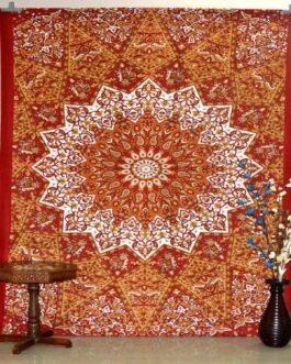 Rust Bohemian Lotus Mandala Tapestry Wall Hanging Twin-Queen Breadspread