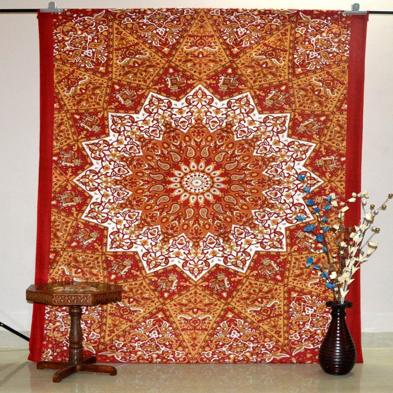 Rust Bohemian Lotus Mandala Tapestry Wall Hanging Twin-Queen Breadspread